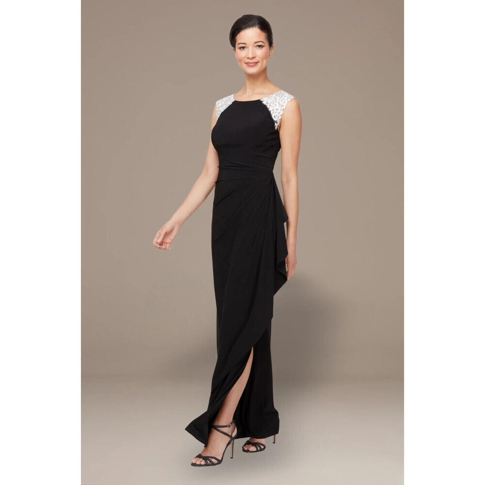 Alex Evenings Maxi Dress Women's 8 Black Embroidered Ruched Side Slit KFC329